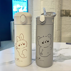 460ml Cartoon Stainless Steel Vacuum Flask With Straw Portable Cute Thermos Mug Travel Thermal Water Bottle Tumbler Thermocup