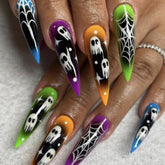 YICKYUE - 24pcs Halloween False Nails Multicolor Ghost Cobweb Design Almond Nail Tips Full Cover Black Gradient Fake Nails Press On Nails