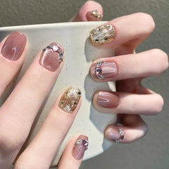 Yickyue 10pcs Handmade Press on Nails Shiny Pink Cat Eye Fake Nail Tips with Love Diamond Design Wearable Korean Short False Nails