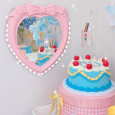 Yickyue Girl Bow Heart-shaped Mirror Desktop Decoration Wall Mirror Dual-purpose Vanity Mirror Room Decoration Mirror