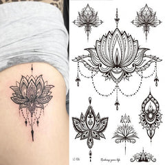 Yickyue Mandala Flower Temporary Tattoo Sticker Arm Chest Leg Water Transfer Tattoos Lion Feather Waterproof Black Body Art Fake Tatoo
