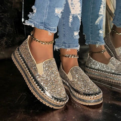 YICKYUE - Women's Bling Rhinestone Decor Flats Comfort Thick Sole Slip on Casual Shoes Woman Fashion Glitter Platform Loafers Shoes