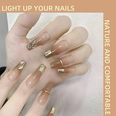 YICKYUE - Handmade Wearable Press on Nails 10/pack Size Different Gilt Lines French Simple Coffee Brown Gradient Long Fake Nail Free Toolk