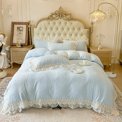 YICKYUE - 4Pcs Vintage French Romantic Lace Ruffles Carved Velvet Warm Winter Princess Bedding Set Duvet Cover Set Bed Sheet Pillowcases
