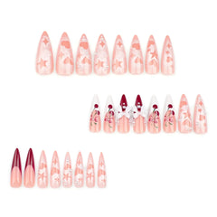 YICKYUE - 24Pc Long Stiletto Press On Nails Cherry Pink French False Nails With 3D Bow Pearls Design Detachable Acrylic Fake Nail Art Tips