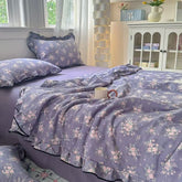 YICKYUE - 4pcs Lace Quilt Set Flat Sheet 2 Pillowcases Flowers Printed Summer Blanket Queen Size French PrincessWrinkled Yarn Bedding Set