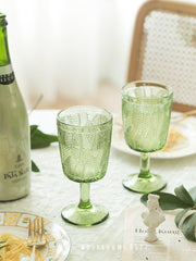 Japanese Style Glass Fresh Leaf Embossed Goblet Vintage Beautiful Retro Green Red Wine Glass Drink Champagne Glass