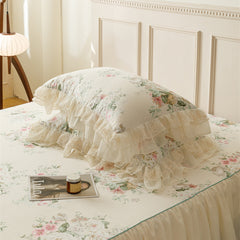 YICKYUE - Pure Cotton Vintage French Pastoral Country Flowers Print Double layer Lace Ruffles Bedding Set Duvet Cover Bed Skirt Pillowcase
