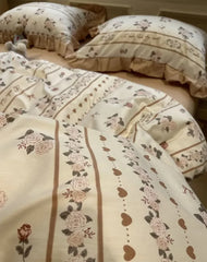 YICKYUE - Vntage fairyfair ruffle flower rose bed set,twin full queen retro pastoral cotton home textile flat sheet pillowcase duvet cover