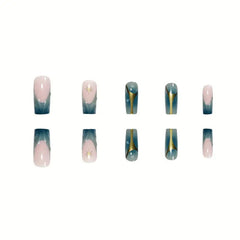 YICKYUE - 24pcs 3D Water Drops Gradient French False Nails Long Ballet Finished Fake Nails Y2k Press On Nails With Golden Stripe Design