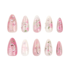 YICKYUE - 24pcs Summer Pink Rose Press on Nails 3D Pearl Decor Almond False Nail Patch for Girl Lady Wearable Full Cover Fake Nail Tips