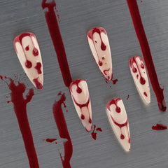 YICKYUE - 24Pcs Halloween bloody face Press on Nail Long Nude Color Crescent Moon Wearable Nail for Women and Girl Finished Nail Art