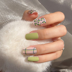Press On Nails Square 24PCS Green Leopard Nail Patch Full Cover Nail Tips Removable Paragraph Fashion Free Shipping Items