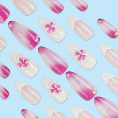 YICKYUE - 24pcs Long Almond Fake Nails Press On Acyrlic Nails Wearable White French False Nails with 3D Purple Crystal Flower Decoration