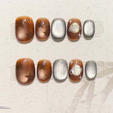 YICKYUE - 10Pcs Caramel Cat Eye Wearable Round Head Short Fake Nails Hand Painted Planet Star Murad Style Full Over Press on Nail Tips Art
