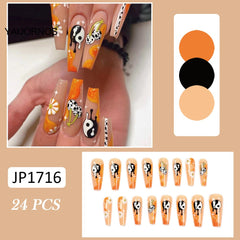 Nails Set Press On Long 24Pcs Glossy Orange False Nails Cherry Pattern Design Nail Tips Wearable Full Cover Free Shipping