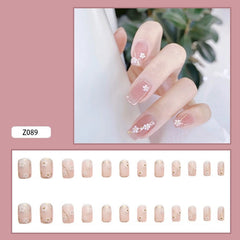 24pcs beautiful false nails Floral Print Nail Patch Glue Type Removable Mid Length Paragraph Fashion Manicure False Nail Patch