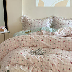 YICKYUE - Korean Princess Style Lace Ruffles Floral Bedding Set 100% Cotton Duvet Cover Bed Sheet/Fitted Sheet/Bed Skirt Pillowcases 3/4Pc