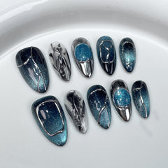 YICKYUE - Dark Blue Cat Eye Fake Nails Medium Almond False Nails Press on With Hand Drawn Metal Lines Wearable Full Cover Almond Nail Tips