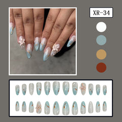 YICKYUE - 24pcs 3D Carved Petal Decor False Nails Gradient Blue Almond Fake Nails Tips Wearable Detachable Spice Girl Press on Nails