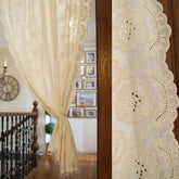 YICKYUE - American Style Pastoral Beige Color Cotton Door Curtain Hollow Out Embroidery Floral Pattern wrinked Cloth Curtain with Beads