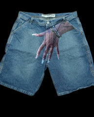 Hearujoy 90s Streetwear Gothic Finger Hip Hop Graphic Print Denim Shorts Y2k Retro Blue Baggy Gym Shorts Fashion Streetwear Jorts Men Basketball Shorts