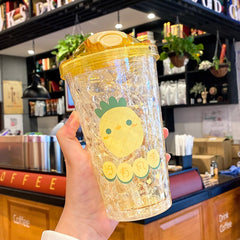 450ml Kawaii Duck Strawberry Ice Water Bottle With Straw Cute Plastic Water Cup Portable Milk Tea Juice Drink Bottle BPA Free