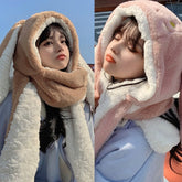 Fashion Winter Warm Rabbit Ears Hat Windproof 3-in-1 Multi-functional Cartoon Hat Windproof Scarf & Gloves Set Combo