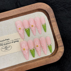 YICKYUE - 10pcs Handmade Summer Press on Nails Sweet Pink Long Almond False Nails Wearable Ins 3d Carved Flower French False Nail Tips