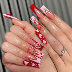 YICKYUE - Shiny Rhinestone Snake Cute Rabbit Long Ballet Fake Art Nail Pink French Detachable Finished False Nail Tip Press on Nail Glue