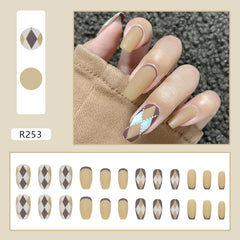 24Pcs/Set French Rhombus Designs False Nail Full Cover Fake Nails with Glue Detachable Wearable DIY Manicure Nail Art Tools