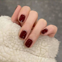 24Pcs Shiny Short Square False Nail With Sticker Wine Red Classic French Artificial Fake Nails DIY Full Cover Tips Manicure Tool