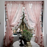 YICKYUE - 2PC Floral Embroidered Lace Sheer Curtains For Girls Bedroom Ruffled Lace Curtains With Sequins Strawberry Trim For Living Room Vintage Rod Pocket Sheer Voile Curtain Panels Window Treatment Drapes For Small Windo