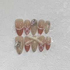YICKYUE - 10Pcs French Handmade Press on Nails Almond Fake Nails with Bow Wearable Stick-on Nails False Nail Накладные Ногти 네일팁