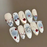 YICKYUE - 10Pcs Handmade Press on Nails French Almond Full Cover Cherries and Bow Design Fake Nails Sweet Cute Manicure Nail For Women