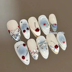 YICKYUE - 10Pcs Handmade Press on Nails French Almond Full Cover Cherries and Bow Design Fake Nails Sweet Cute Manicure Nail For Women