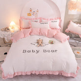 White Pink Cute Sanding Cartoon Stereoscopic Toy Bear Girl Bedding Set Duvet Cover Bed Skirt Bed Sheet Pillowcases Child's Gift