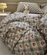 YICKYUE - Vintage flower cherry red blue plaid beding set,twin full queen king retro cotton home textile bed sheet pillow case quilt cover