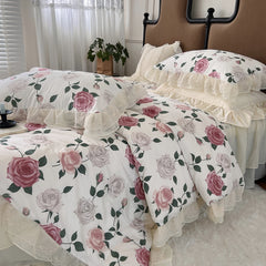 YICKYUE - 100% Cotton Vintage French Pastoral Style Rose Flowers Double Layer Lace Ruffles Bedding Set Duvet Cover Bed Skirt Pillowcases