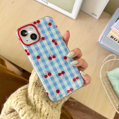 YICKYUE   -  Ins Blue Check Red Cherry Phone Case For Iphone 16Pro 15Pro 14ProMax 13ProMax 16 12 13 14 15 Pro Max Contrast Color Chain Fundas