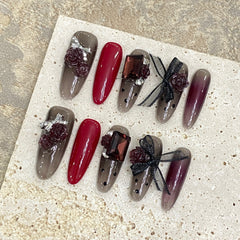 YICKYUE  -  10Pcs Long Ellipse Handmade Press On Nails French Wave Point Fake Nails With Diamond Black False Nail Full Cover Nail Tips