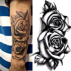 YICKYUE  -  Waterproof Double Rose Temporary Tattoo Sticker Flower Rose Flash Sexy Fake Black Rose Tattoos Body Art Arm Fake Sleeve Tattoo