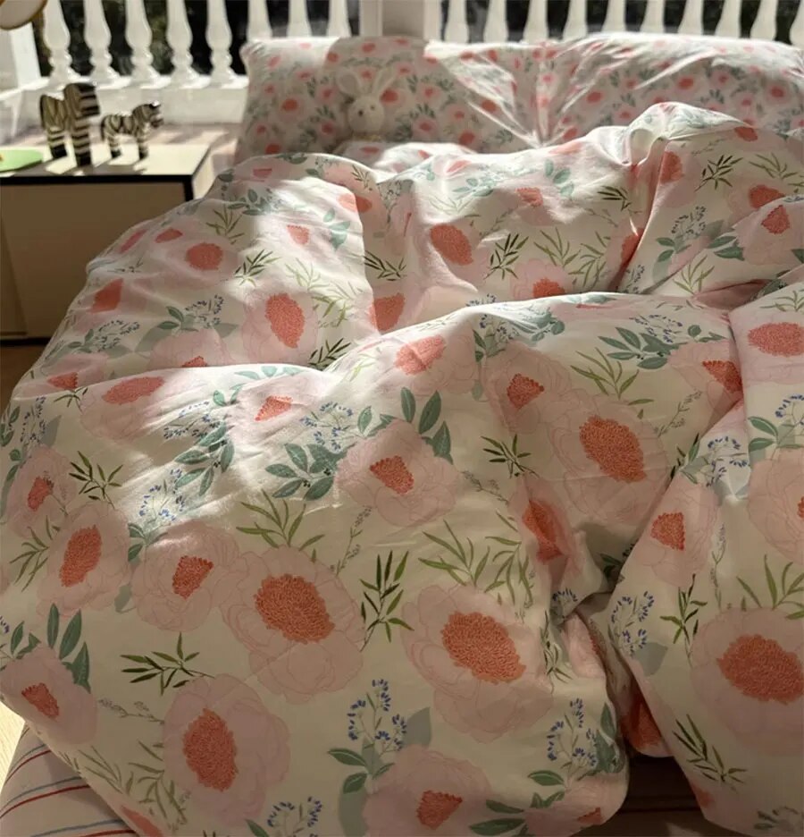 YICKYUE  -  Romantic sweet floral pink green bedding set,twin full queen king flower cotton home textile bed sheet pillow case quilt cover