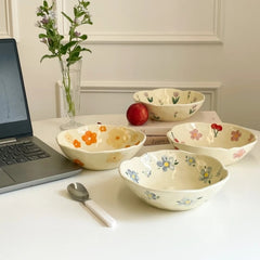 Yickyue Ceramic Salad Bowl Hand Pinched Irregular Flower Cream Yellow Yogurt Bowl ins korean style Oatmeal Breakfast Flower Bowl Kitchen