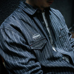 Hearujoy Japanese Retro Style striped shirt For Men Spring Autumn Long Sleeve Loose Tops American heavyweight Workwear Shirts Streetwear