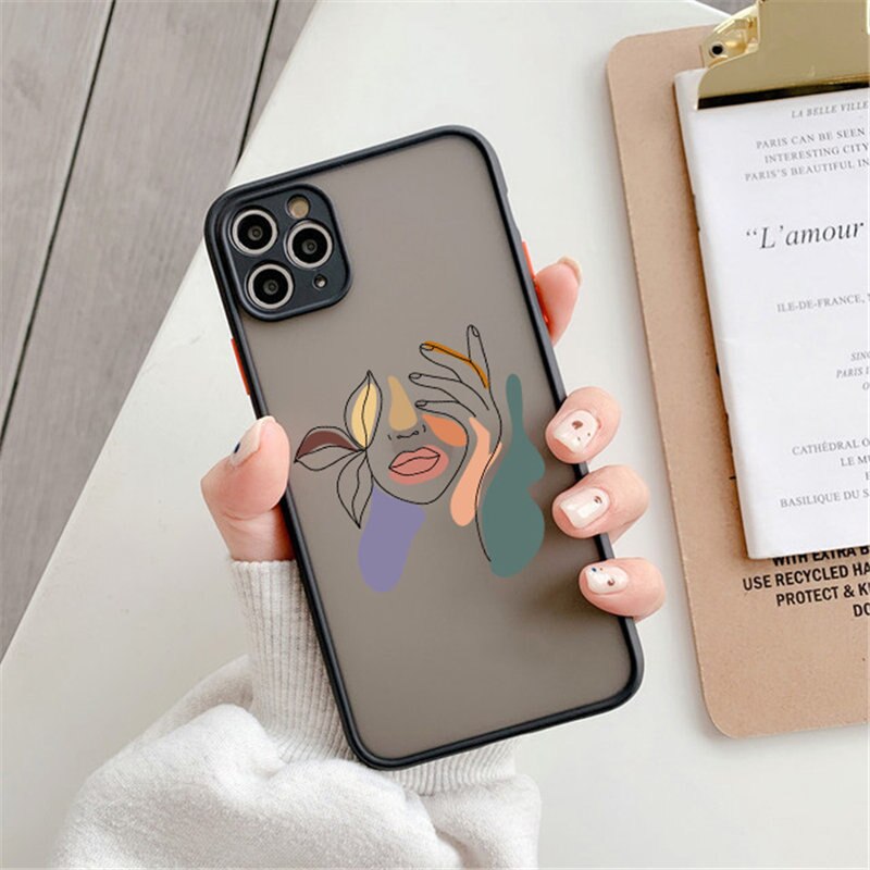 Art Retro Abstract Geometry Frosted Floral Shockproof Phone Case For iPhone 11 12 13 Pro Max Mini X XR XS 7 8 Plus SE 2022  Back
