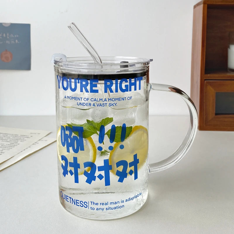 YICKYUE  -  1000ml Glass Cups With Lid  And Straw Drinkware Cute Coffee Mugs Big Glasses For Drinks Water Tea  Korean Milk Juice Beer Cup