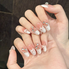 YICKYUE  -  10pcs Handmade Press on Nails French Cat Eye Pink Bow Decor Korean False Nails Wearable Full Cover Ins Almond False Nail Tips