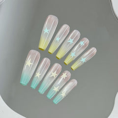 YICKYUE  -  10pcs Handmade Long Ballet Press on Nails Summer Blue Yellow Gradient Cat Eye Fake Nails Wearable Sweet Star False Nail Tips