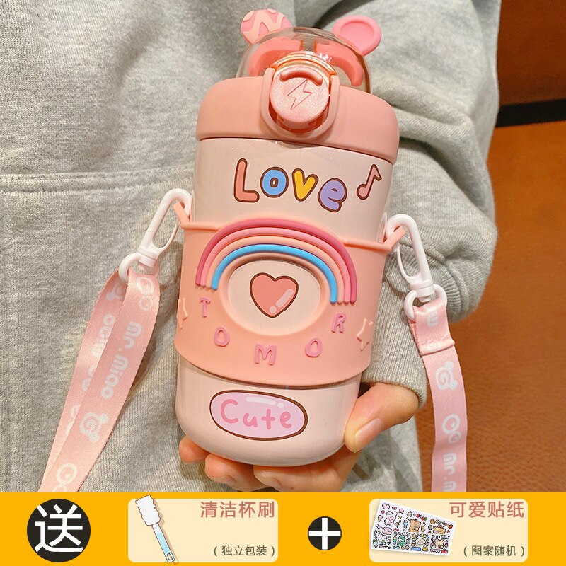 Yickyue Cute Children's Insurance Cup Drinking Water Cup Children INS Wind Crossbody Water Bottle Tube Water Cup Portable Anti -fall